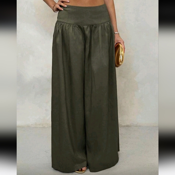 Vintage Low-Waist Wide Leg Pants, Draped Casual Women's Trousers Olive Green Pan - Picture 1 of 4